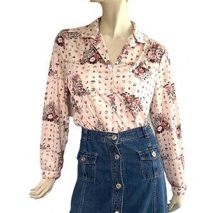 1970s Floral Blouse, Size L, Peach Polyester Shirt, Vintage Blouse
